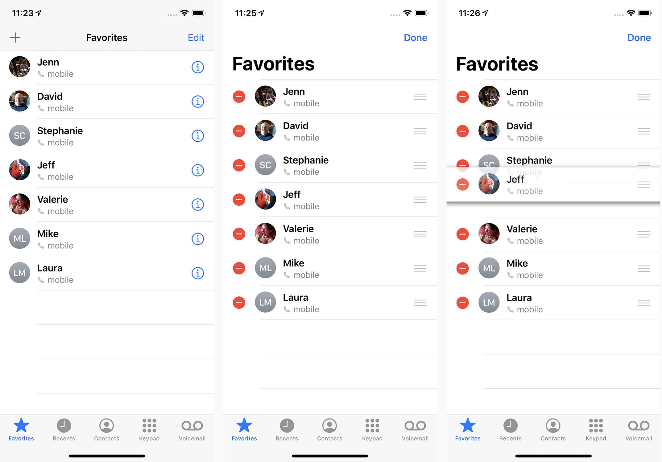 Skärmdumpar av att omorganisera favoritkontakter på iPhone