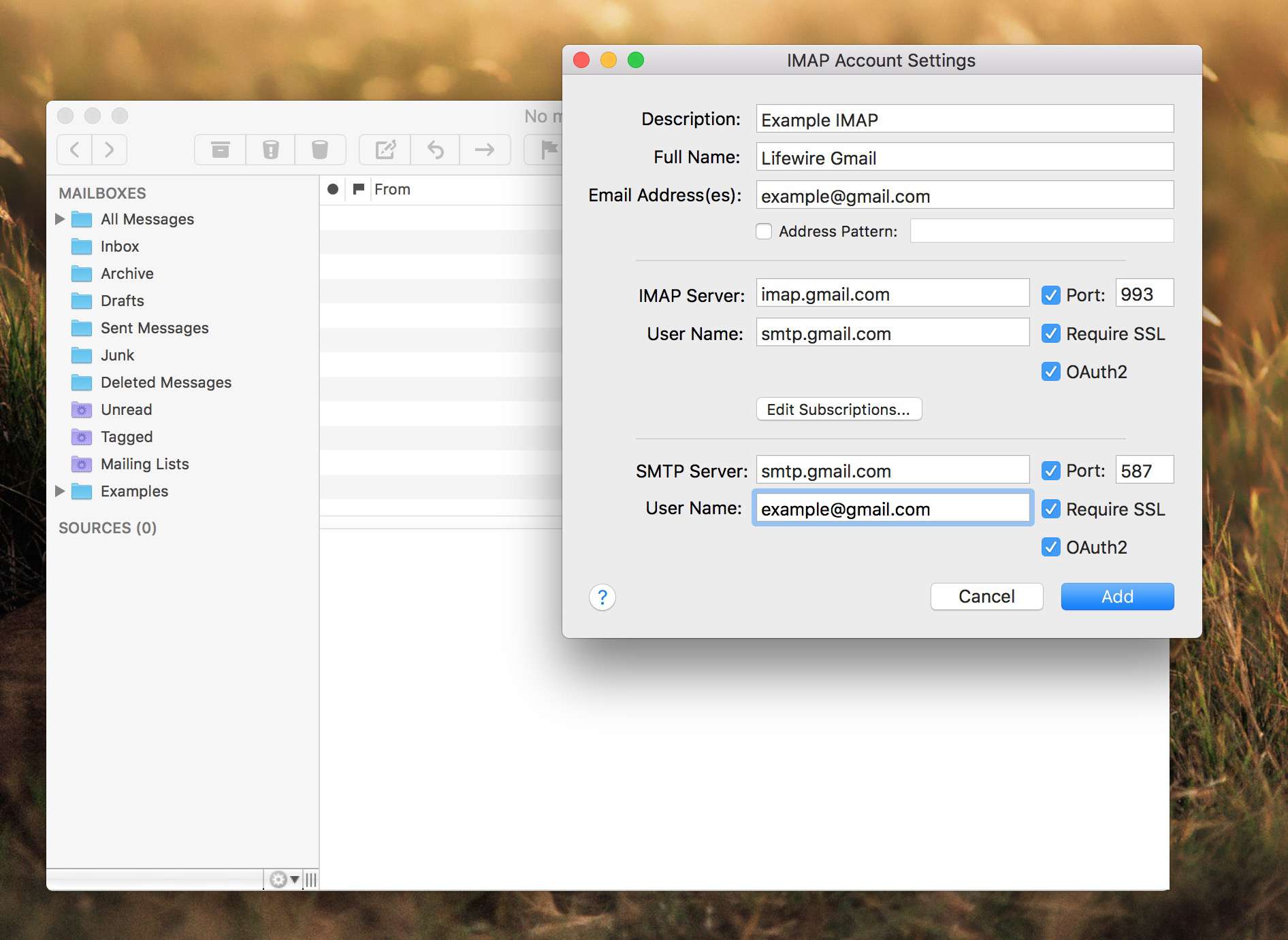 Gmail IMAP-inställningarna i en e-postklient på Mac