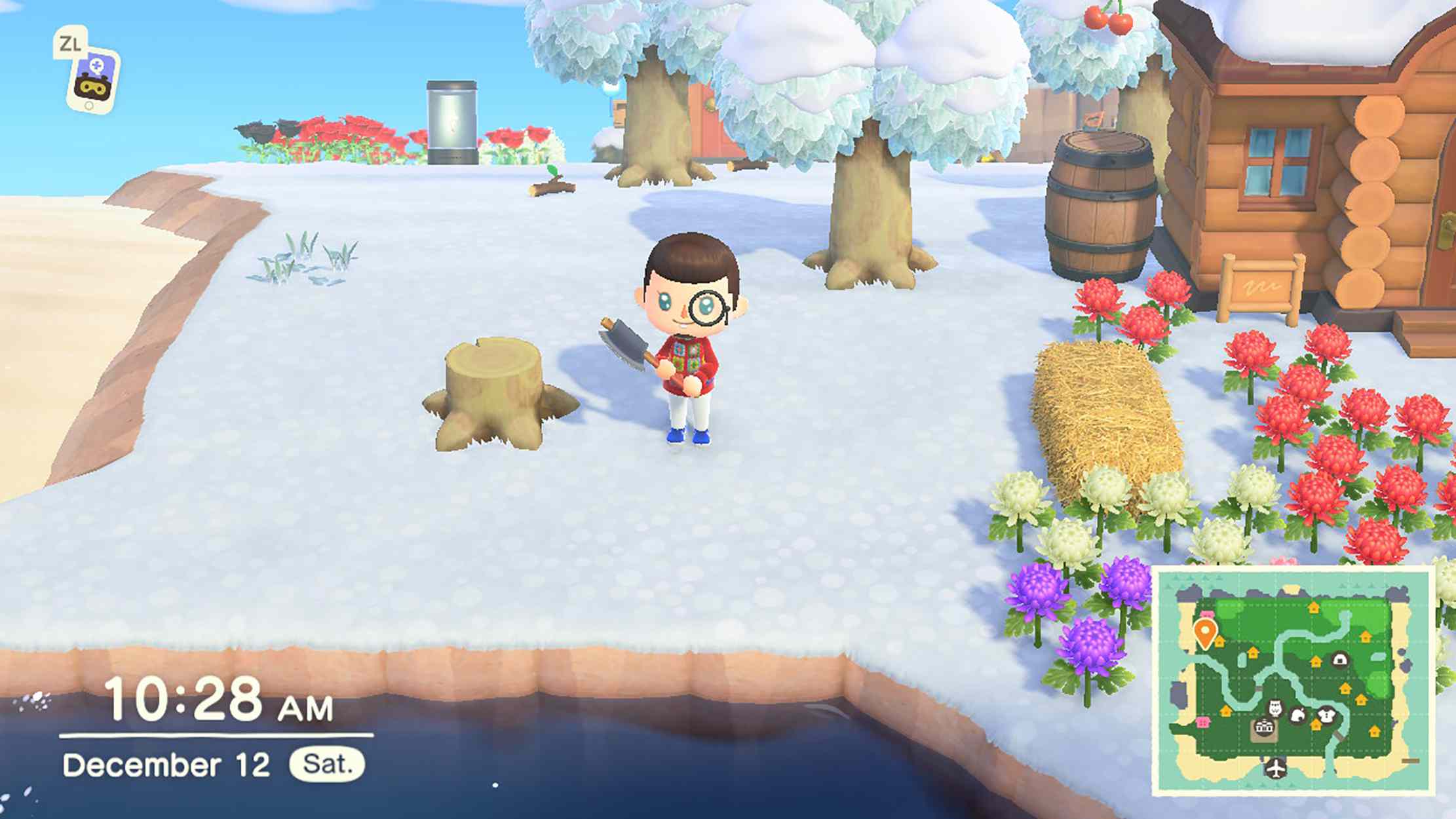 Skärmdump av Animal Crossing New Horizons-karaktär med en trädstubbe