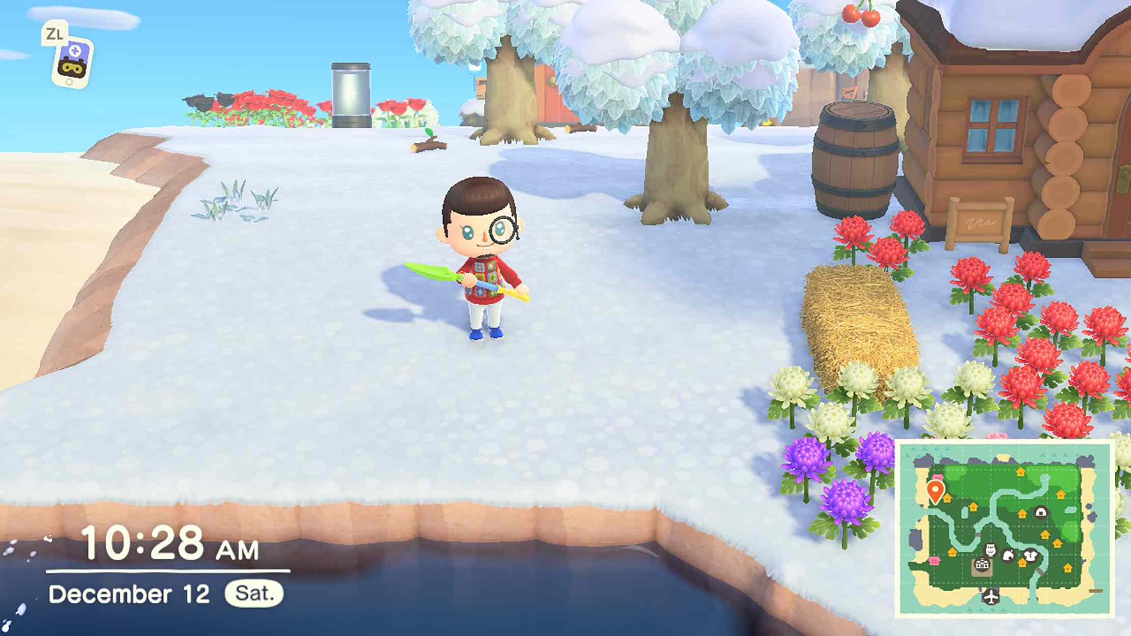 Skärmdump av Animal Crossing New Horizons-karaktär med en spade