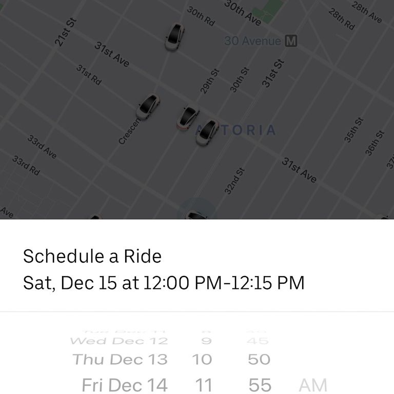 Inställningar för tid och datum i fliken Schemalägg en åktur i Uber-appen.
