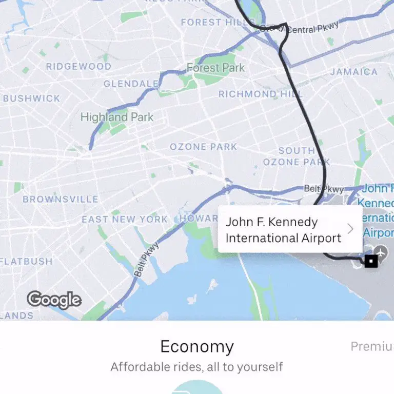 Skärmdump av Uber-appen som visar en rutt- och rittalternativ.