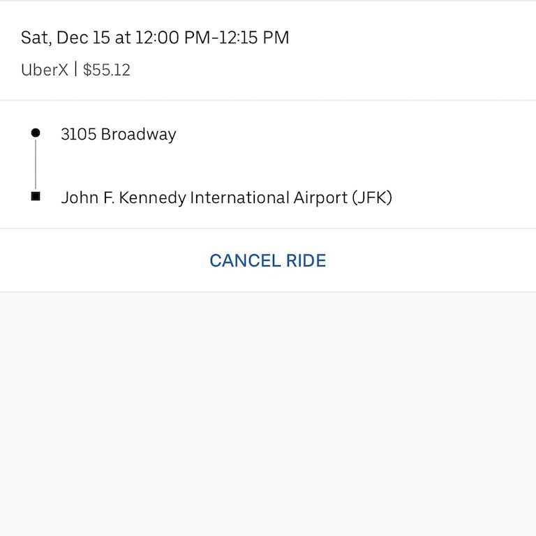 Skärmdump som visar kommande åkattraktioner i Uber-appen.