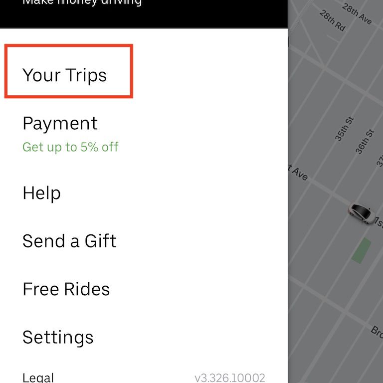 Uber-inställningsmeny med dina resor markerade.