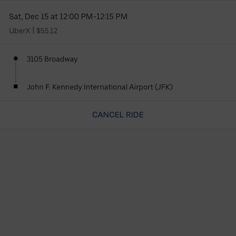 Skärmdump av Uber-appen som visar möjligheten att avbryta en schemalagd åktur.