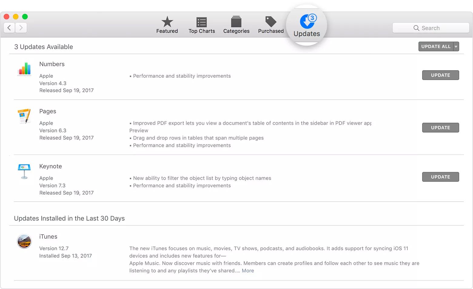 Mac App Store med fliken Uppdateringar markerad