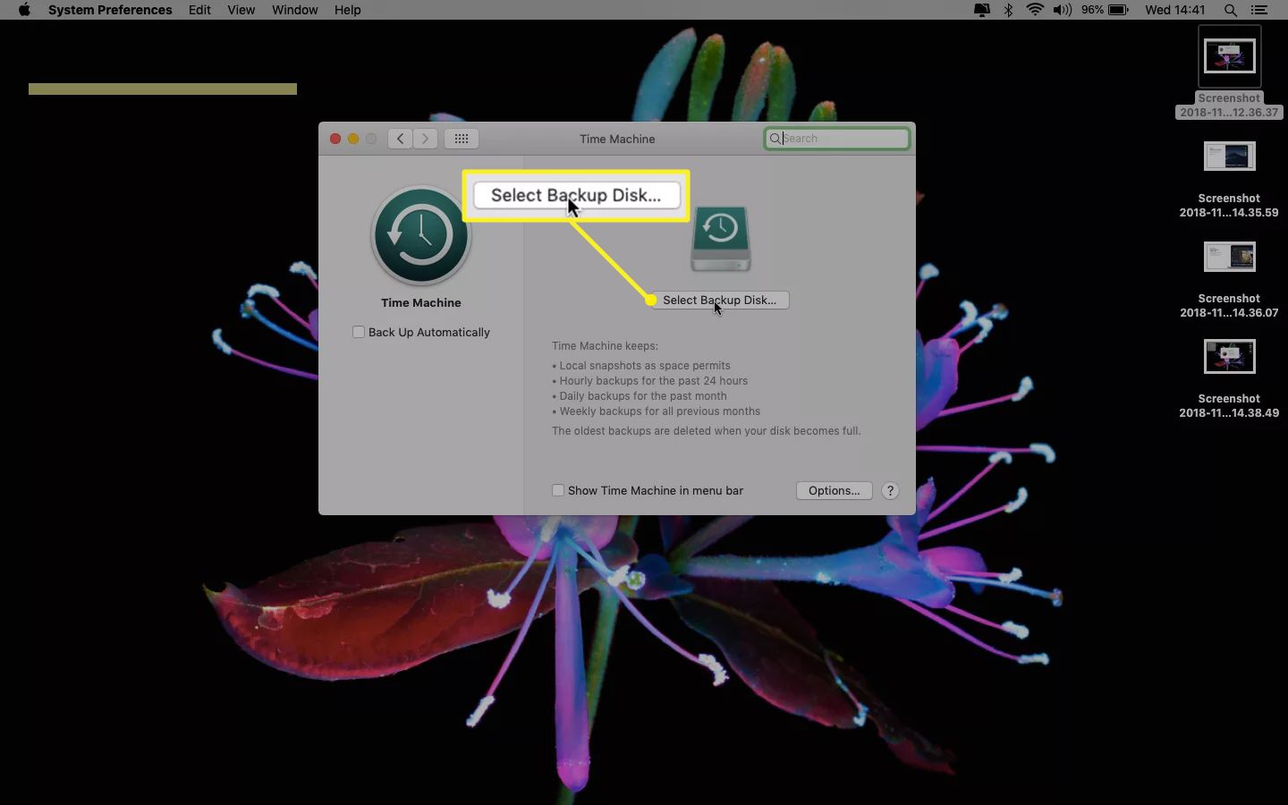 Time Machine på en Mac som visar Select Backup Disk 