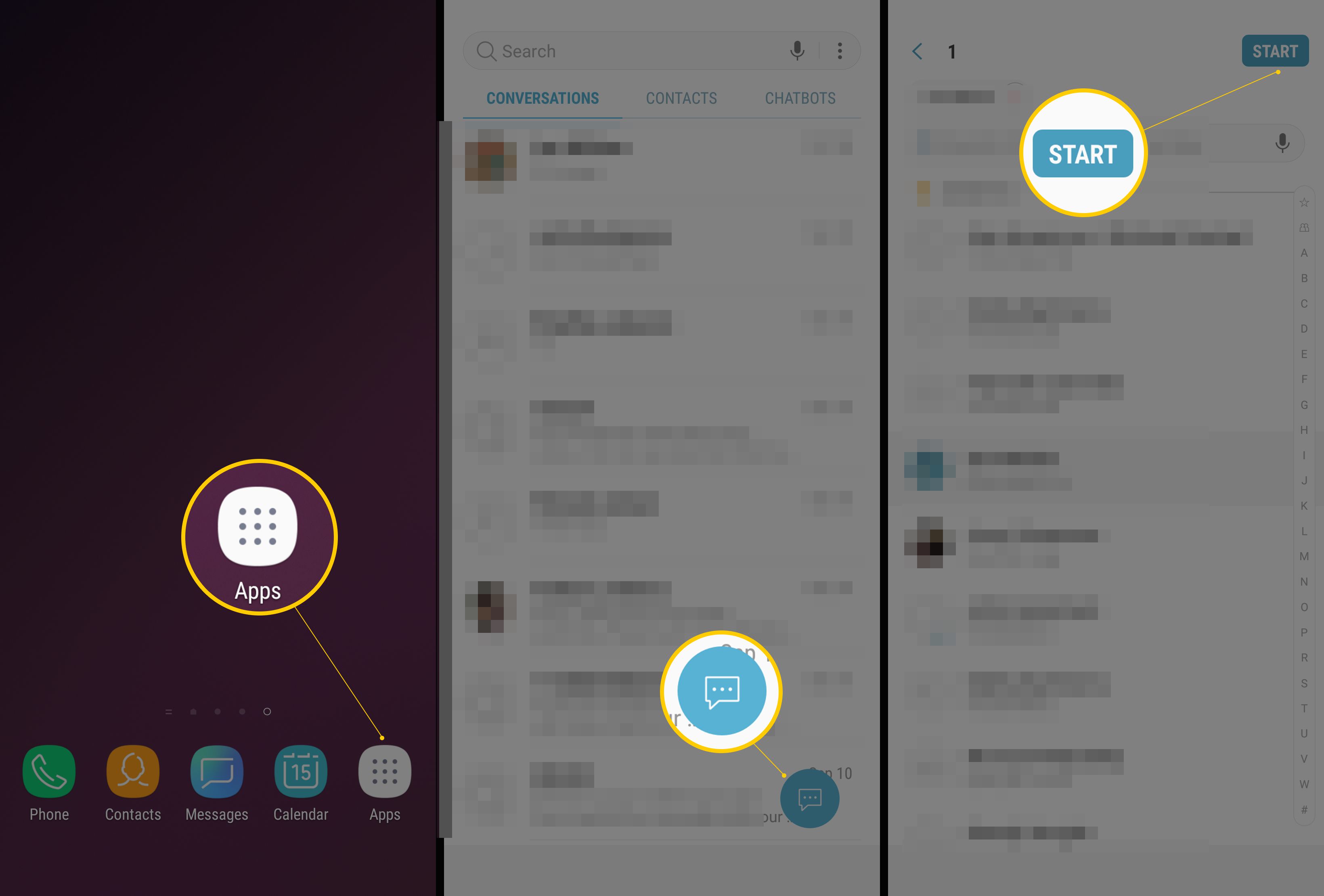Tre Android-skärmar som visar appar, pratbubblor och startknappar för att texta en GIF