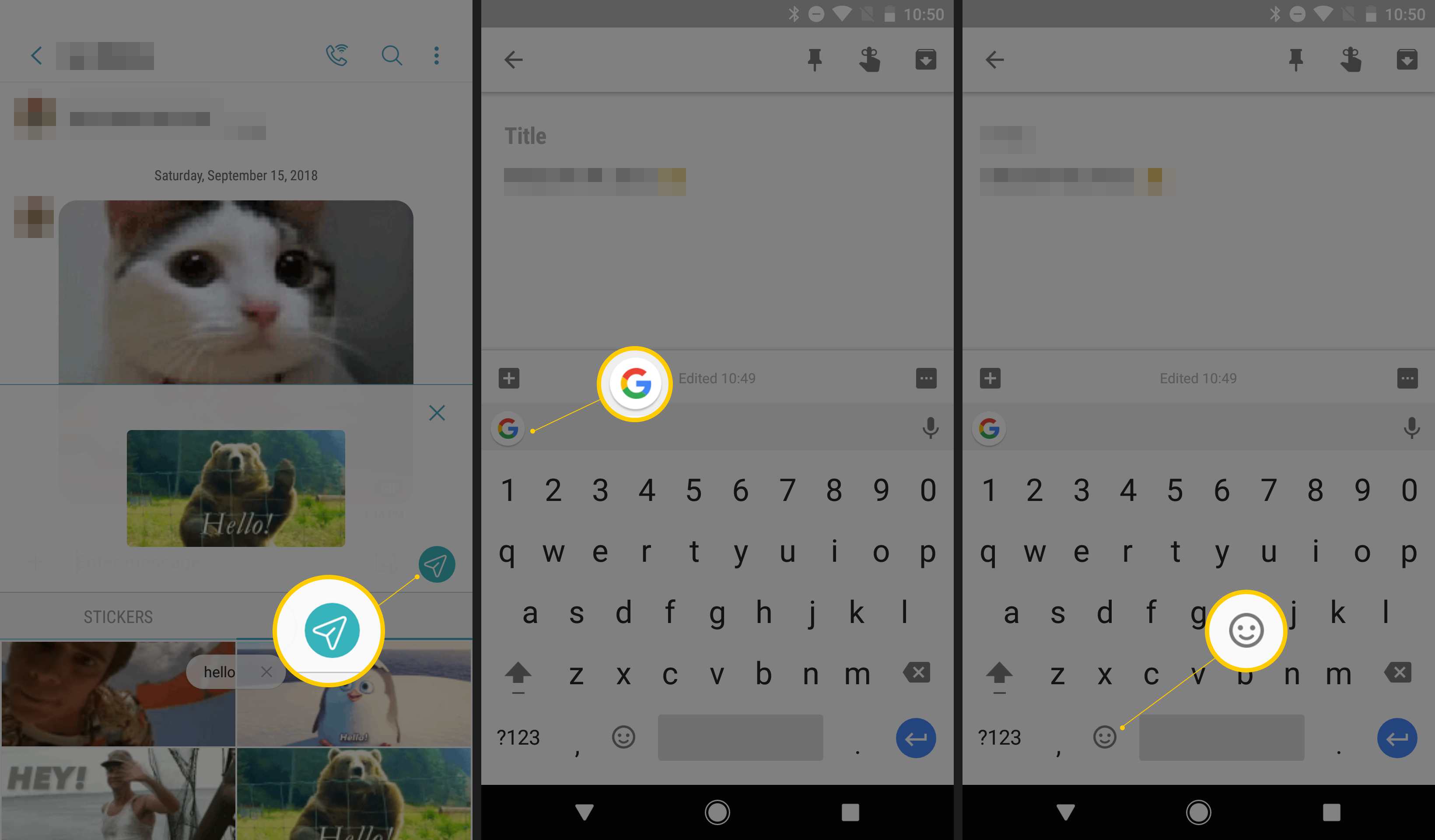 Tre Android-skärmar som visar knappen Skicka, Gboard-ikonen och uttryckssymbolen på tangentbordet