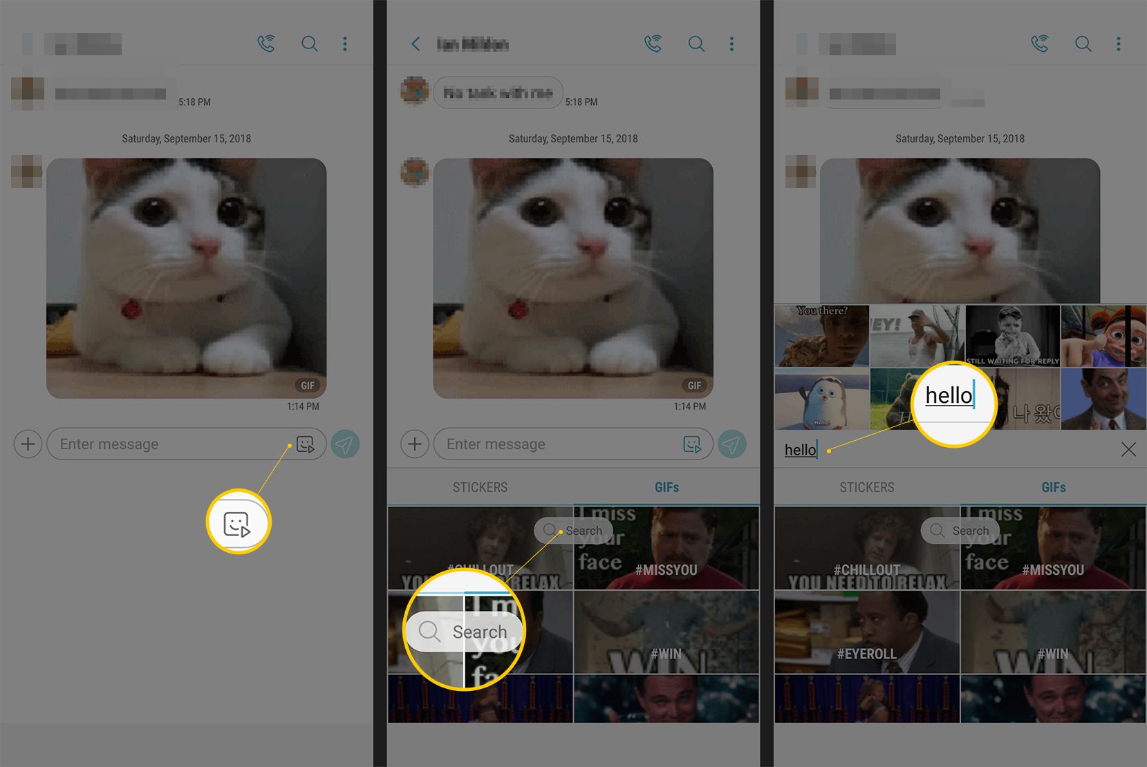 Tre Android-skärmar som visar GIF-knappen, sökfältet och "hej" termen in i sökningen
