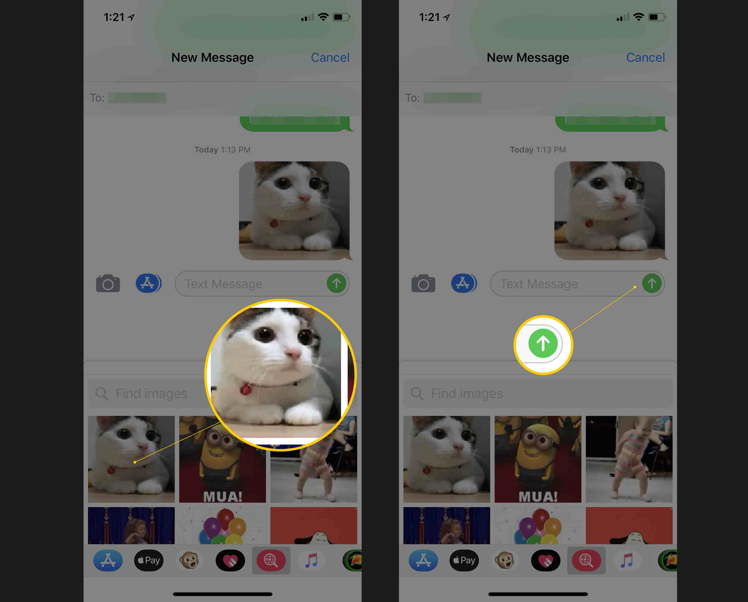 Två iOS-skärmar som visar att du väljer en GIF i meddelanden och knappen Skicka