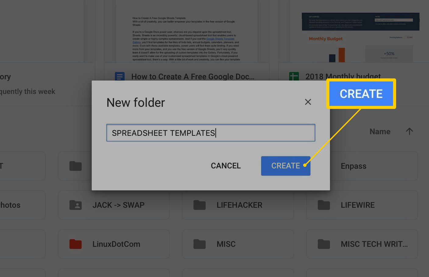 Skapa-knapp för att namnge den nya mappen i Google Drive