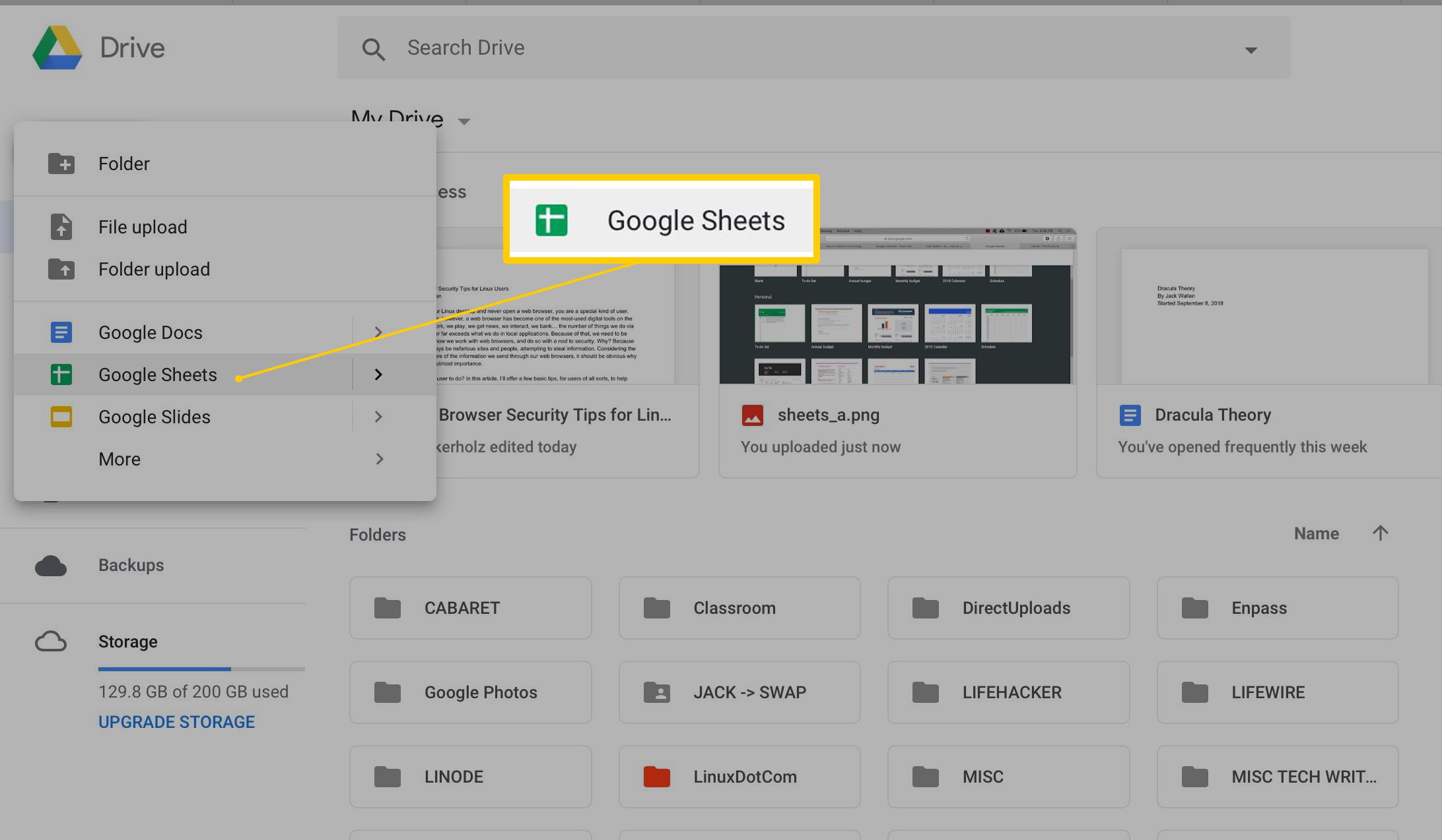 Nytt Google Sheet-menyalternativ i Google Drive