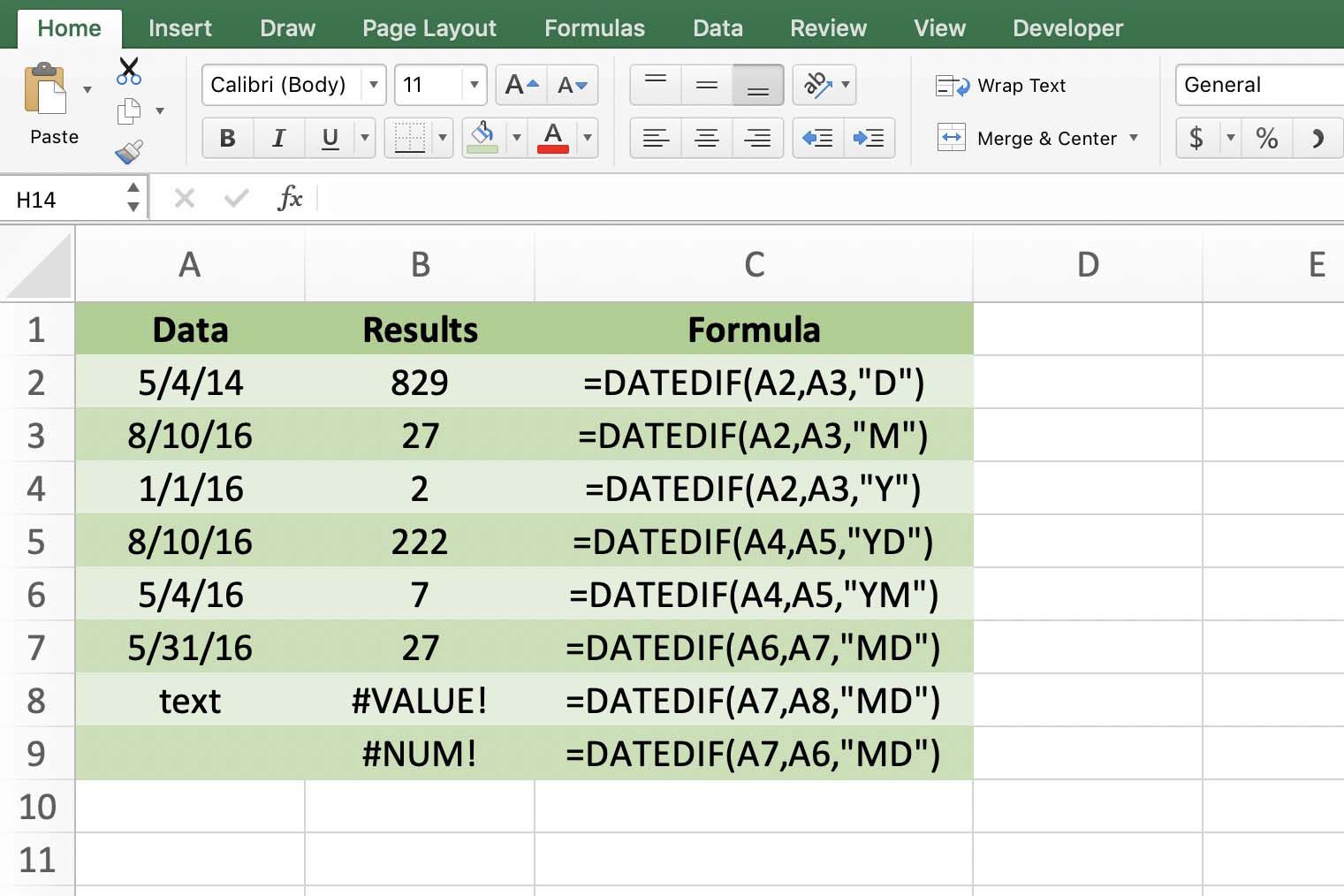 Skärmdump av Excel som visar olika DATEDIF-funktioner