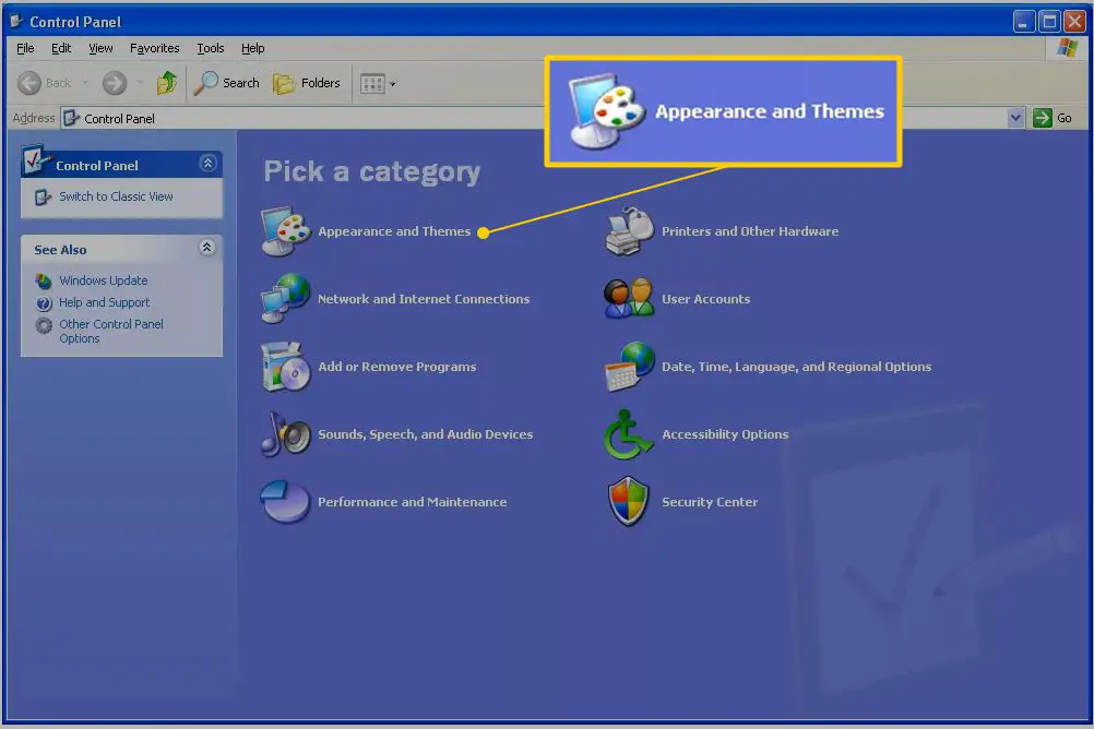 Utseende och teman i kontrollpanelen i Windows XP