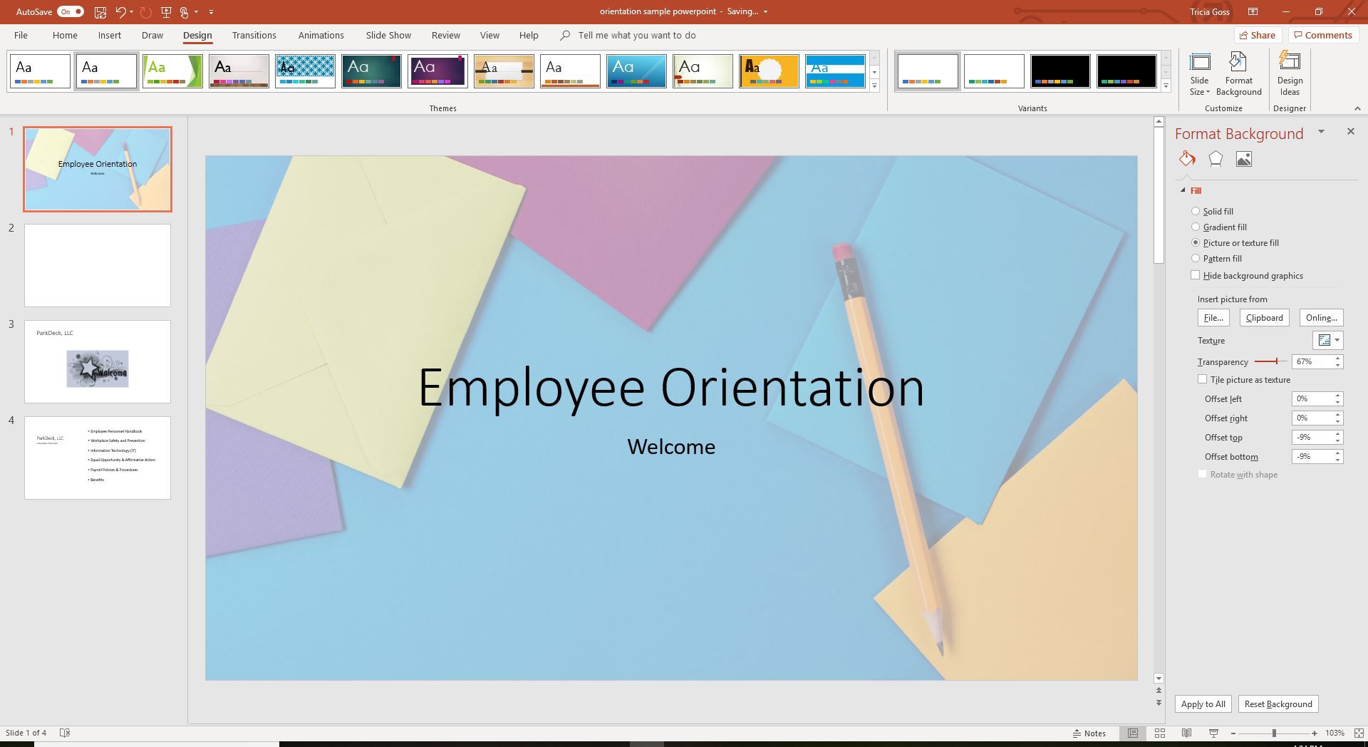 En skärmdump som visar alternativet Ställ in transparens för bakgrundsbild i PowerPoint.
