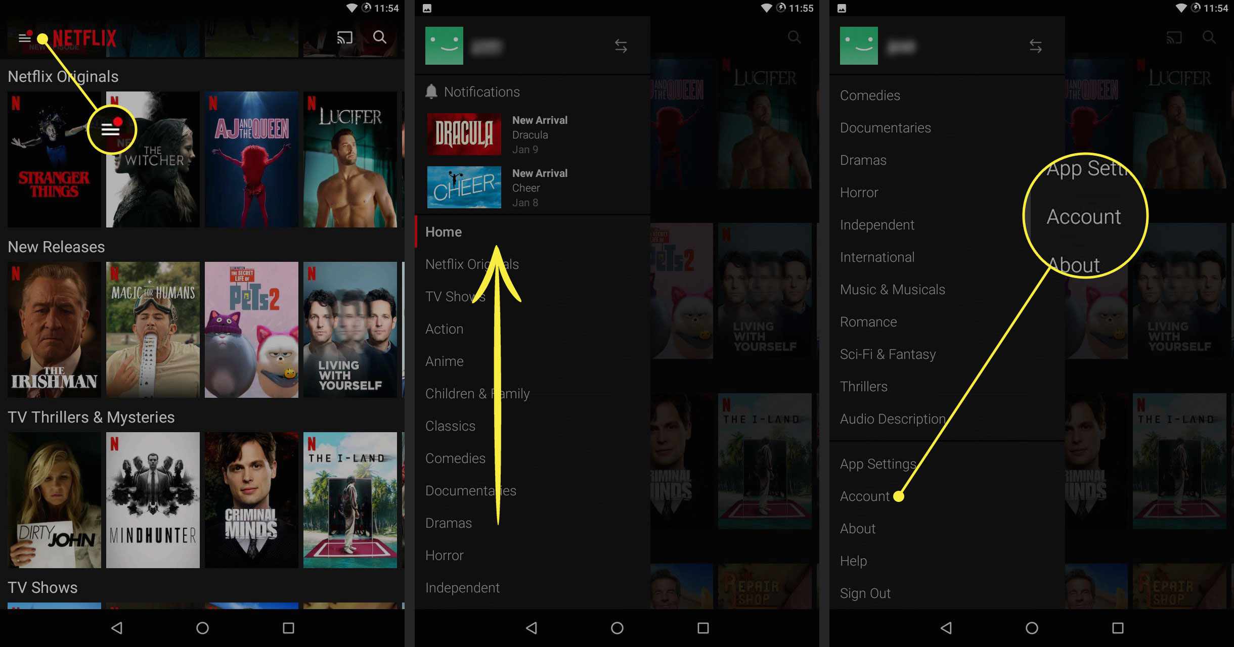 En skärmdump av Netflix-appen som visar sökvägen till kontosidan