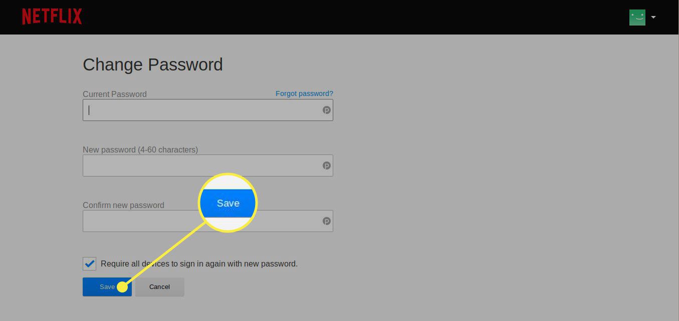 En skärmdump av Netflix-skärmen Change Password (Ändra lösenord) med Spara-knappen markerad