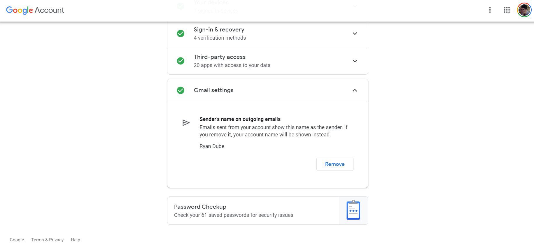 Skärmdump av Gmail-inställningar i Googles säkerhetskontrollverktyg