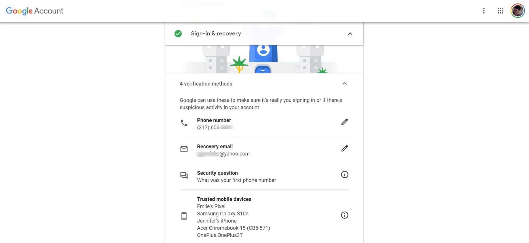 Skärmdump av verifieringsmetoder i Googles säkerhetskontrollverktyg