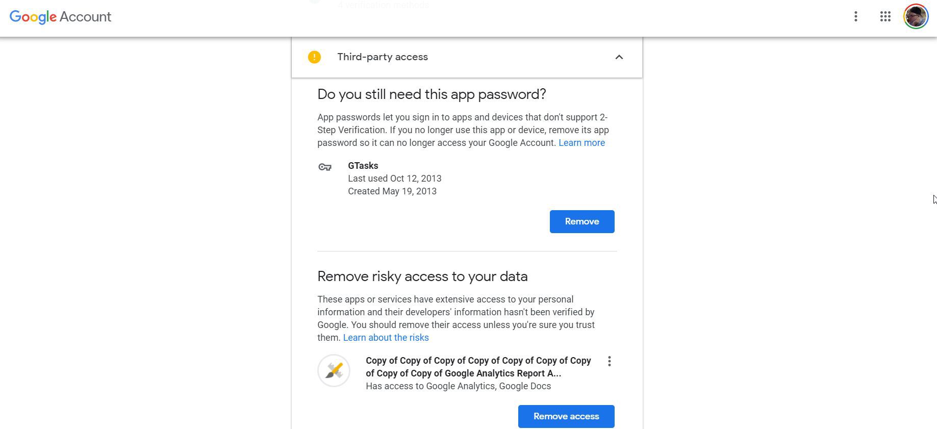 Skärmdump av tredjepartsåtkomst i Googles säkerhetskontrollverktyg