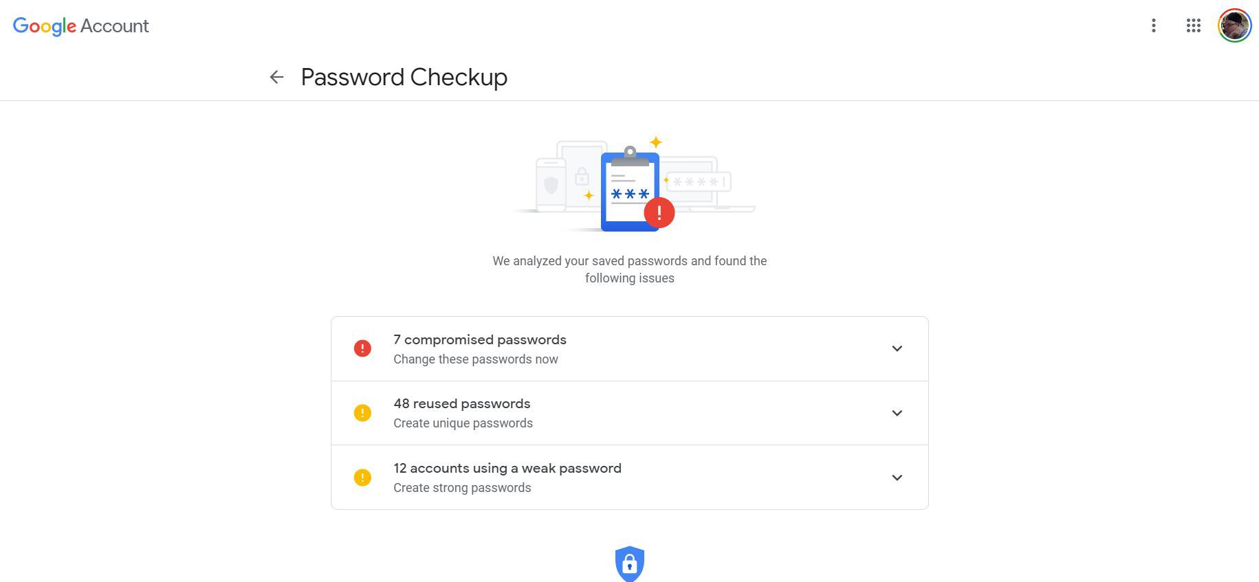 Skärmdump av Googles lösenordsskanningsresultat