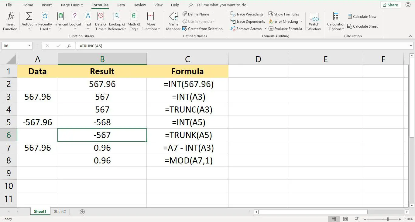 Skärmdump av Excel som visar TRUNC-funktionen