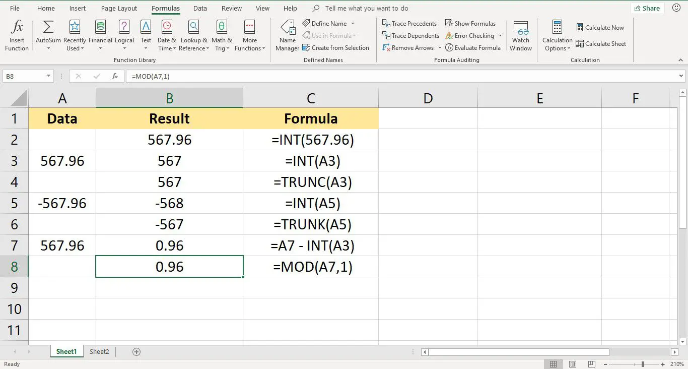 Skärmdump av Excel som visar MOD-funktion