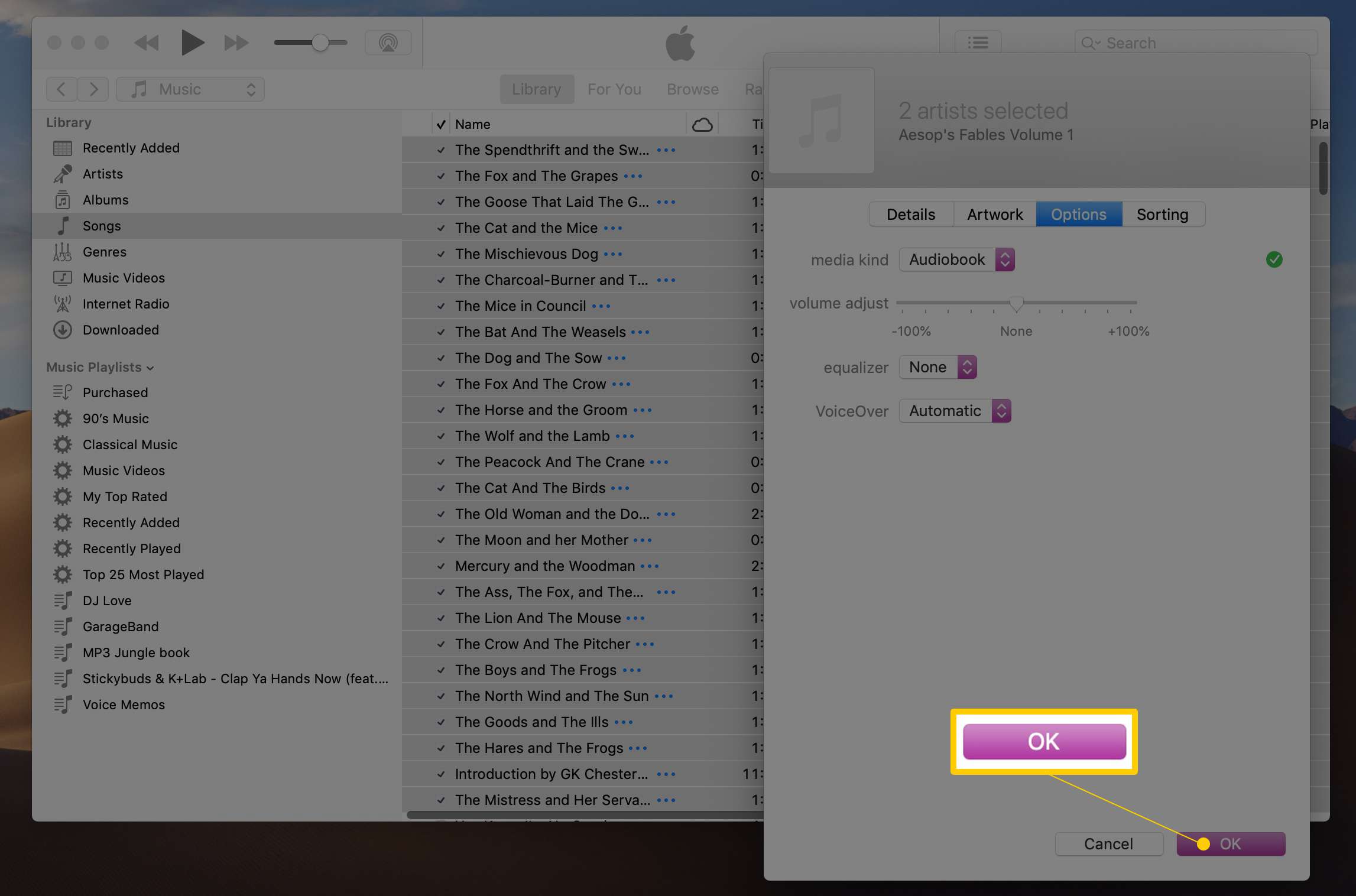 OK-knappen i iTunes Get Info-rutan