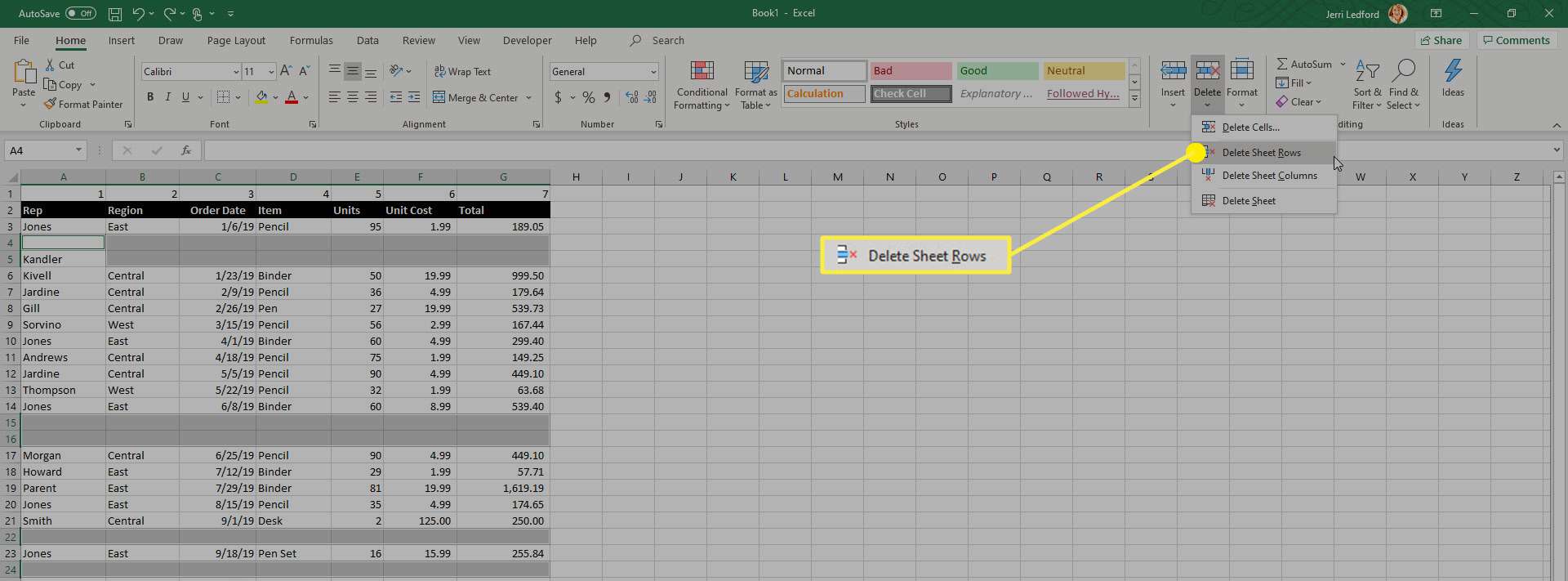 Alternativet Radera arkrader i Microsoft Excel.
