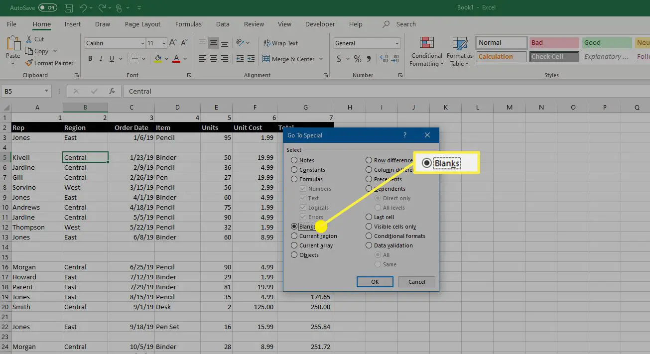 Alternativet Tomt i dialogrutan Gå till special i Microsoft Excel.