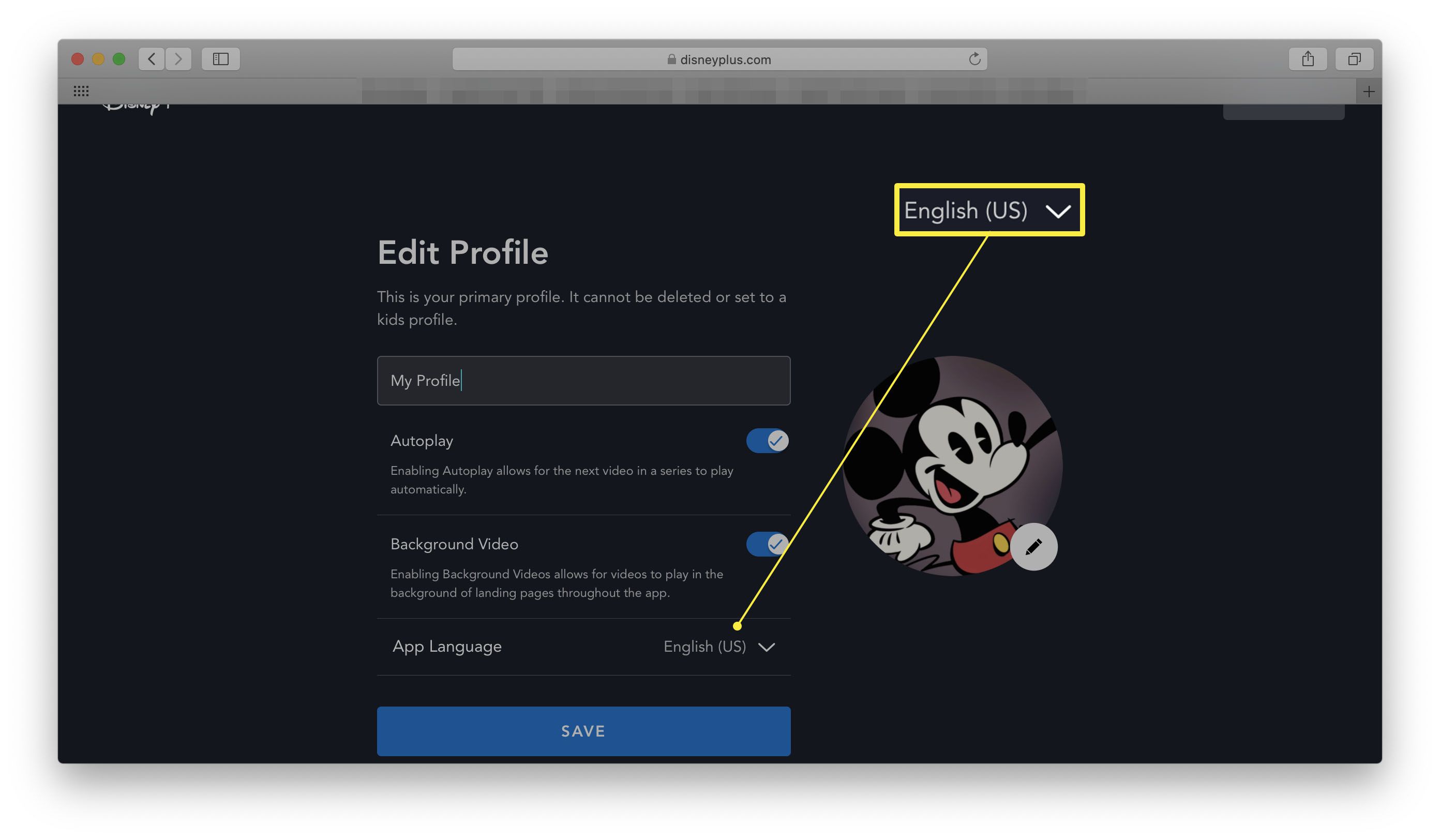Disney + -webbplats med Redigera profil öppen och App-språk markerat