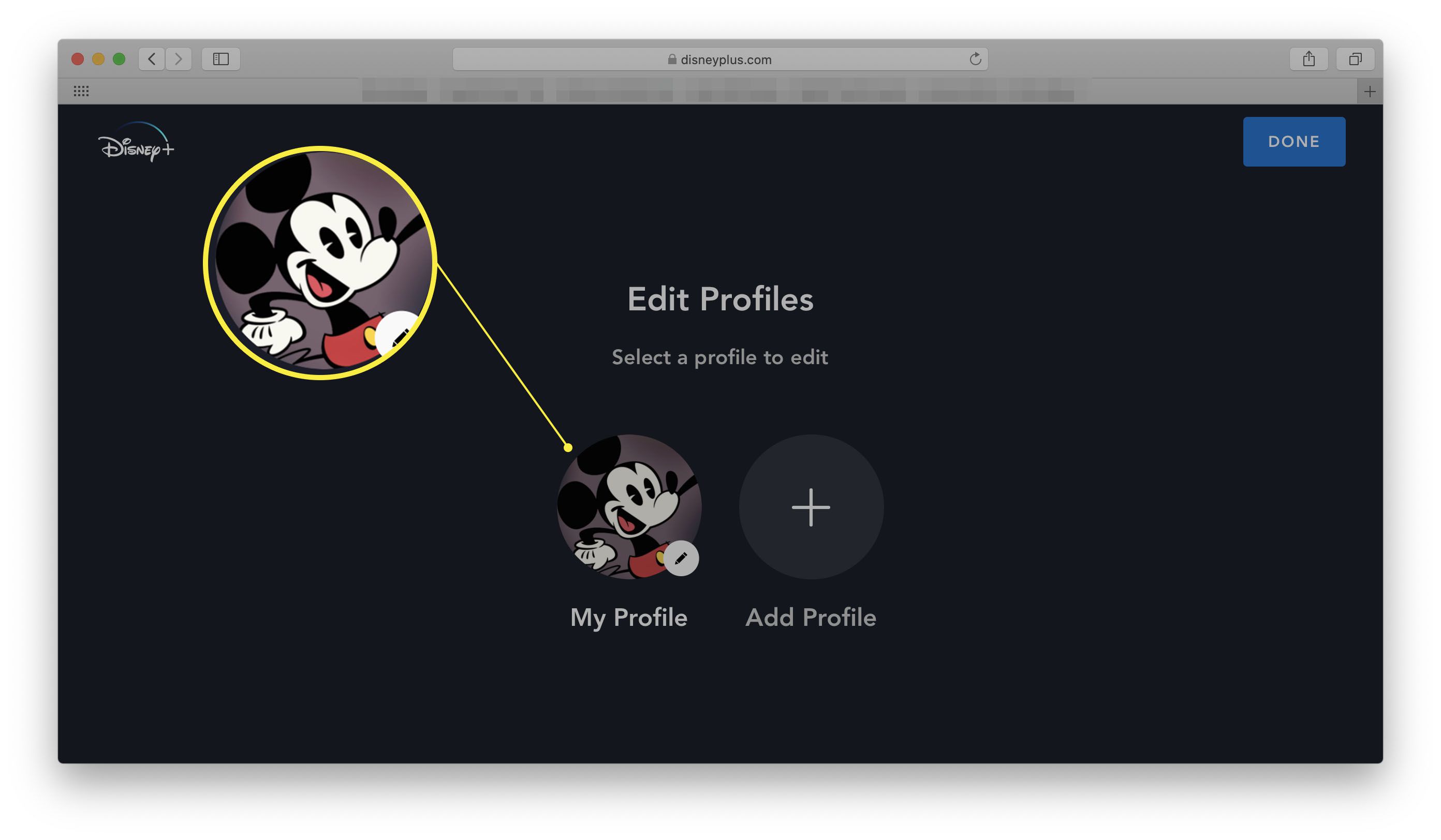 Disney + webbplats med Edit Profiles öppen