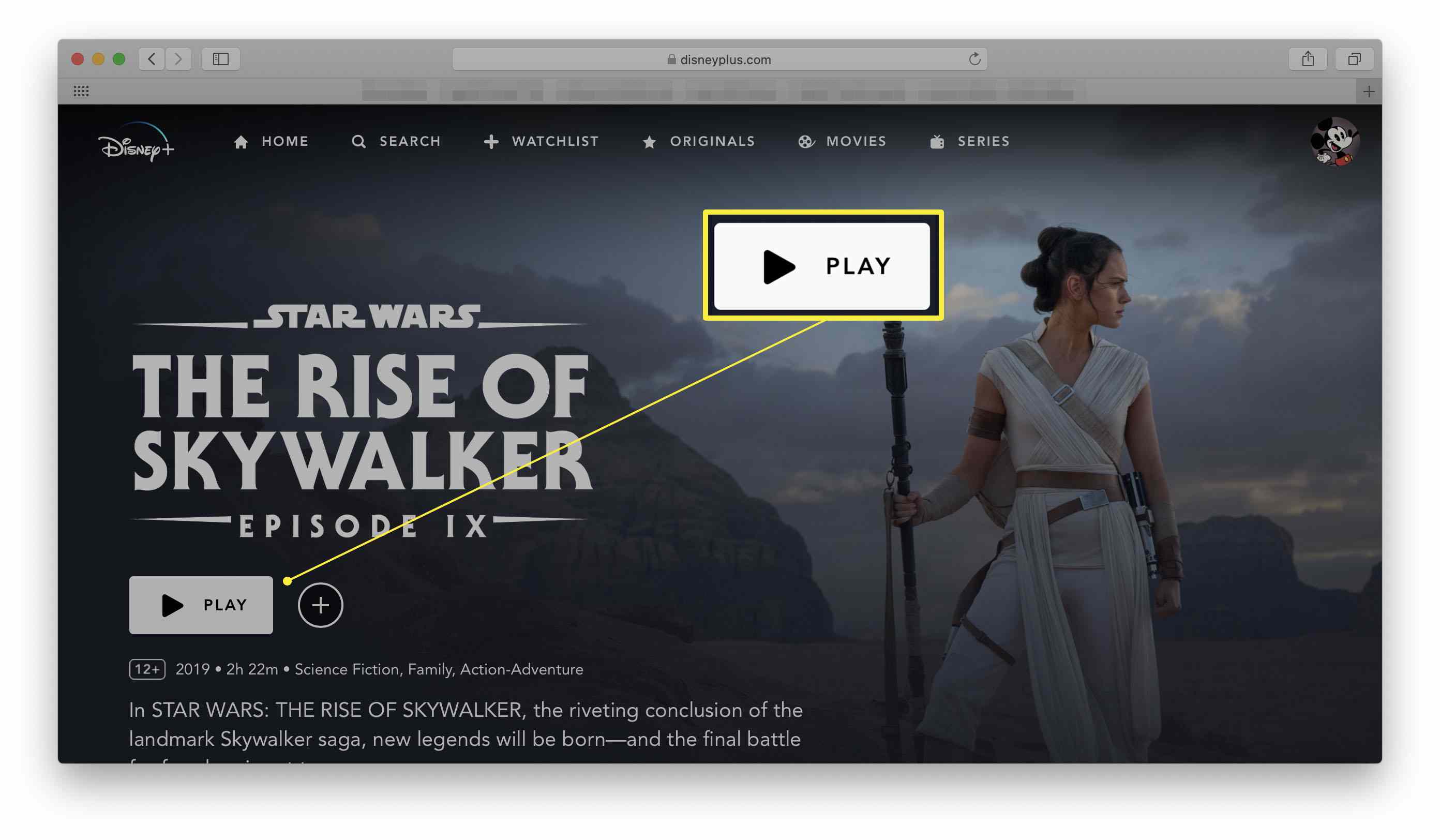 Disney + -webbplats med uppspelningsknappen markerad på en film (Star Wars: The Rise of Skywalker)