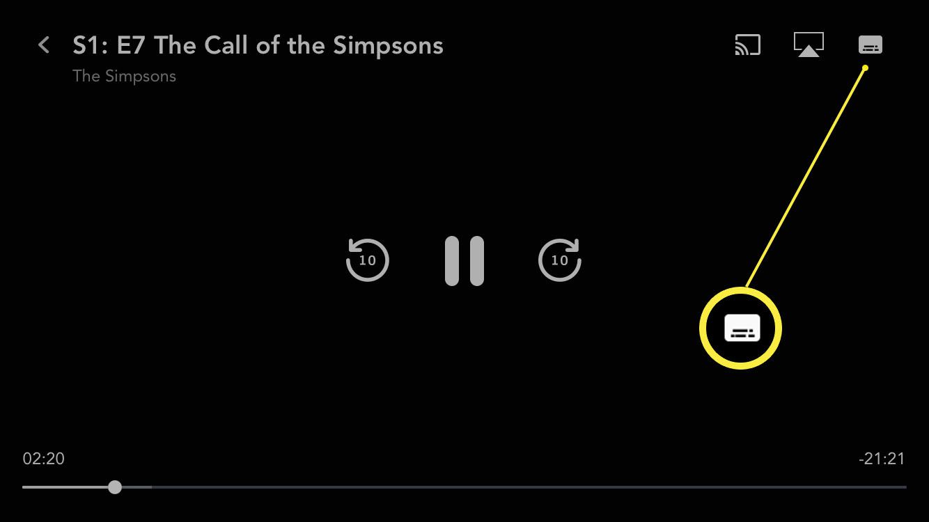 Disney + -app med en föreställning och knappen för språkbyte markerad i det övre högra hörnet