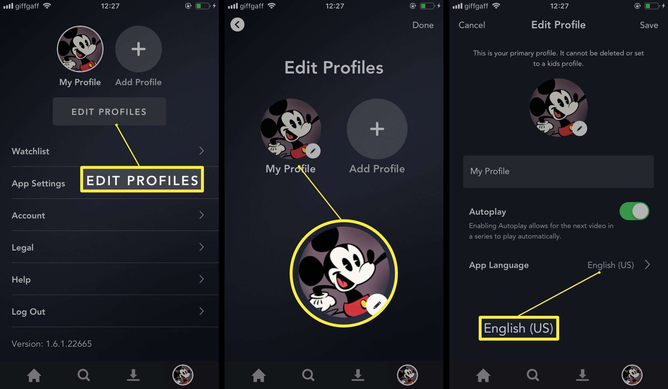 Disney + -app med Redigera profil / App-språk markerat