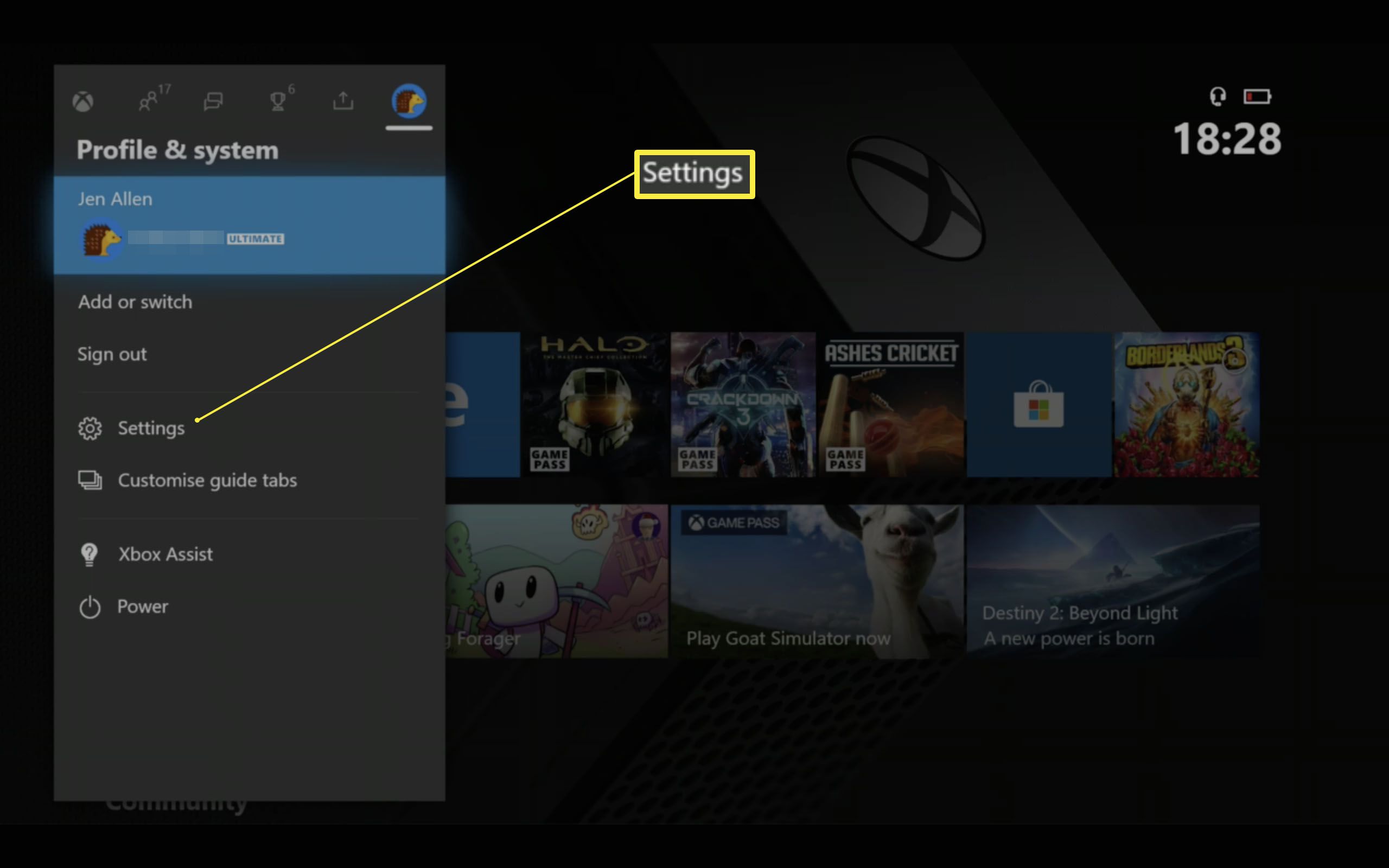 Xbox One-instrumentpanel med profil- och systemalternativ markerade