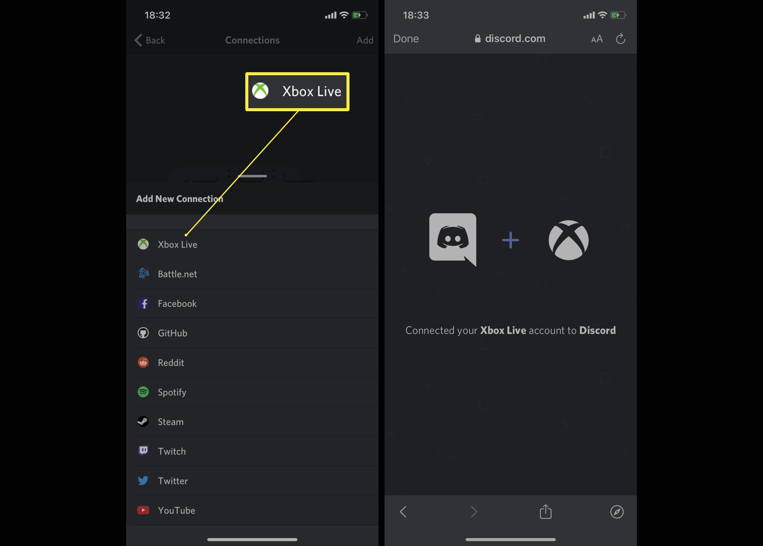 Discord-app med Xbox Live-anslutningsprocess markerad