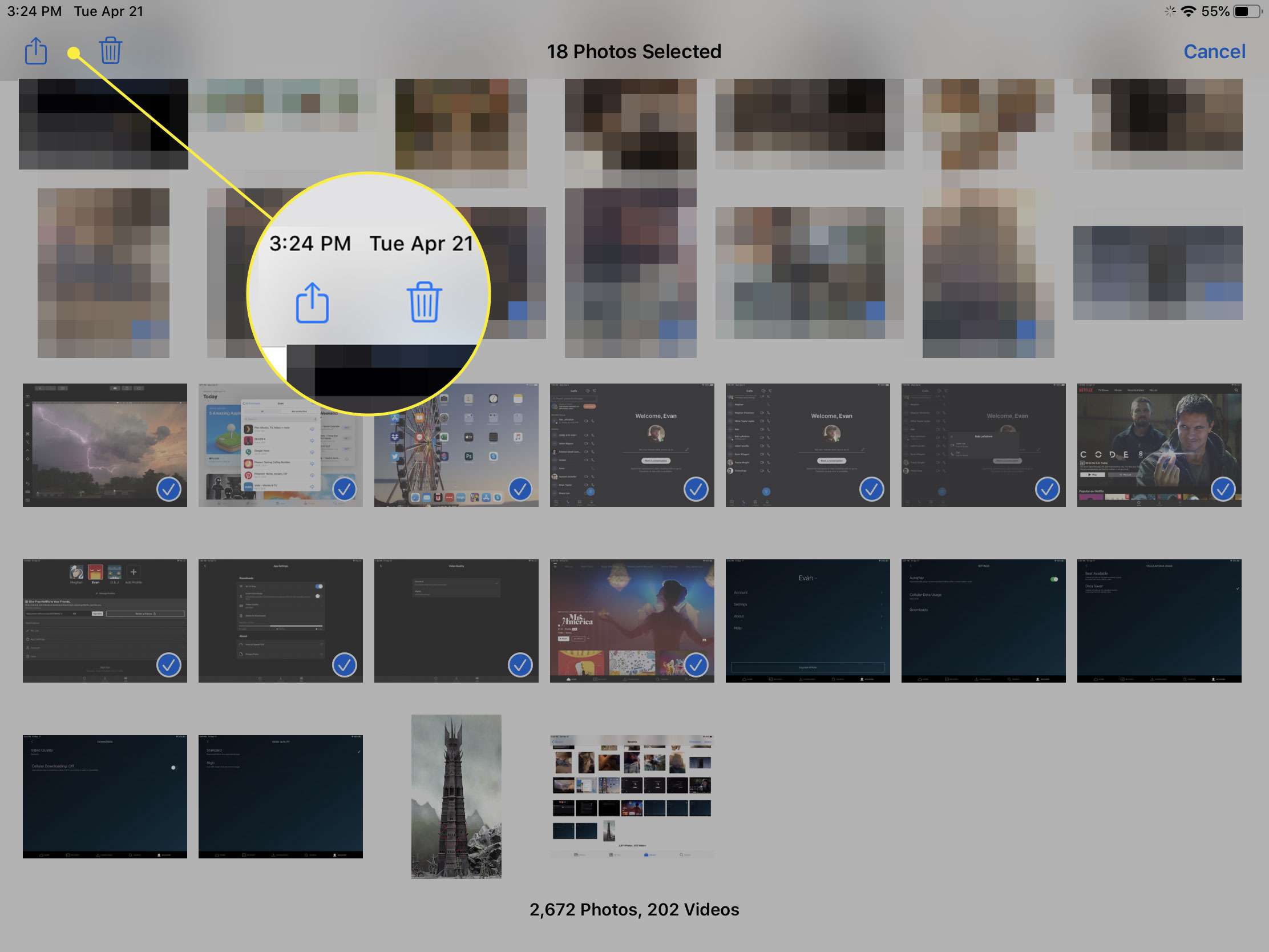 En skärmdump av iOS Photos-appen med knapparna Dela och papperskorgen markerade