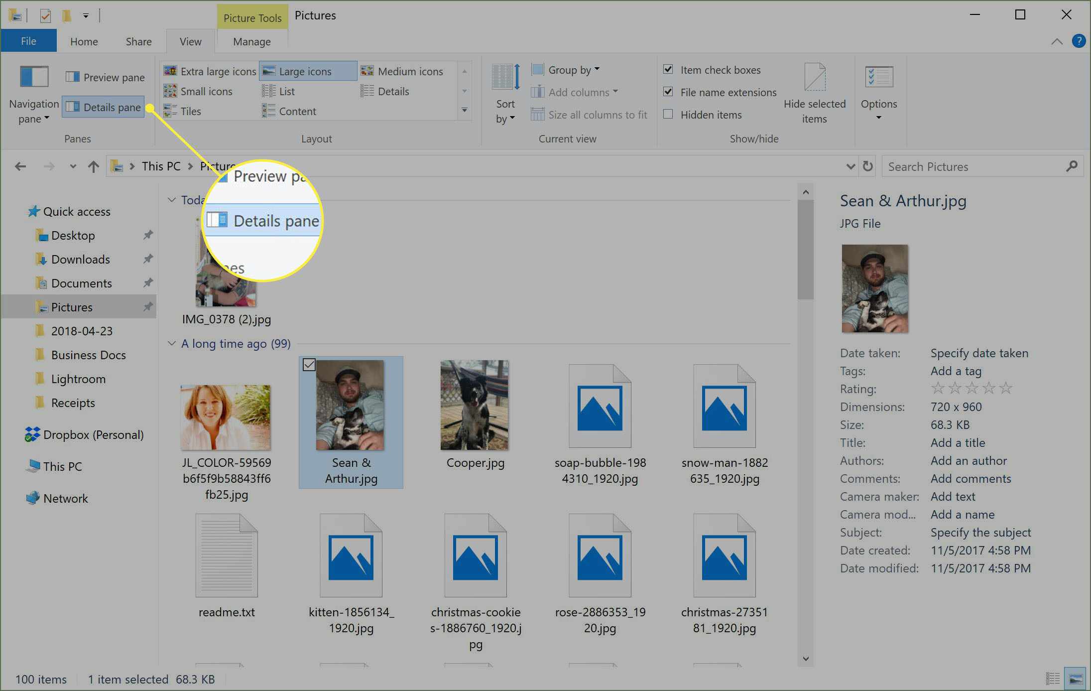 Windows File Explorer-fönster med informationsfönstret öppet.