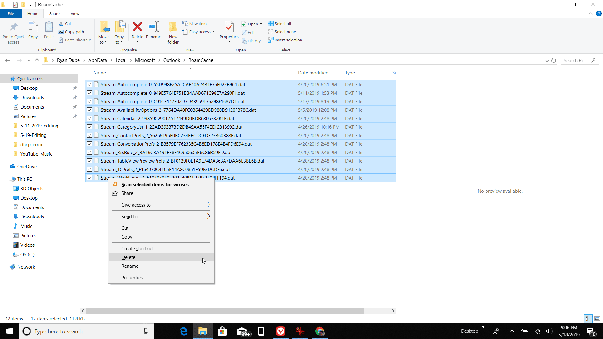 Skärmdump för att radera cachefiler i Outlook