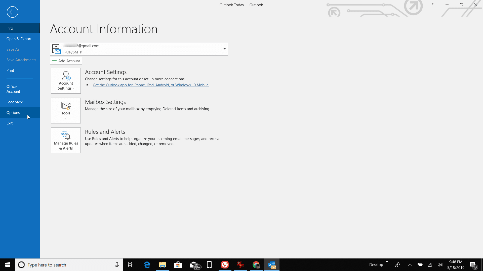 Skärmdump för att välja Alternativ i Outlook