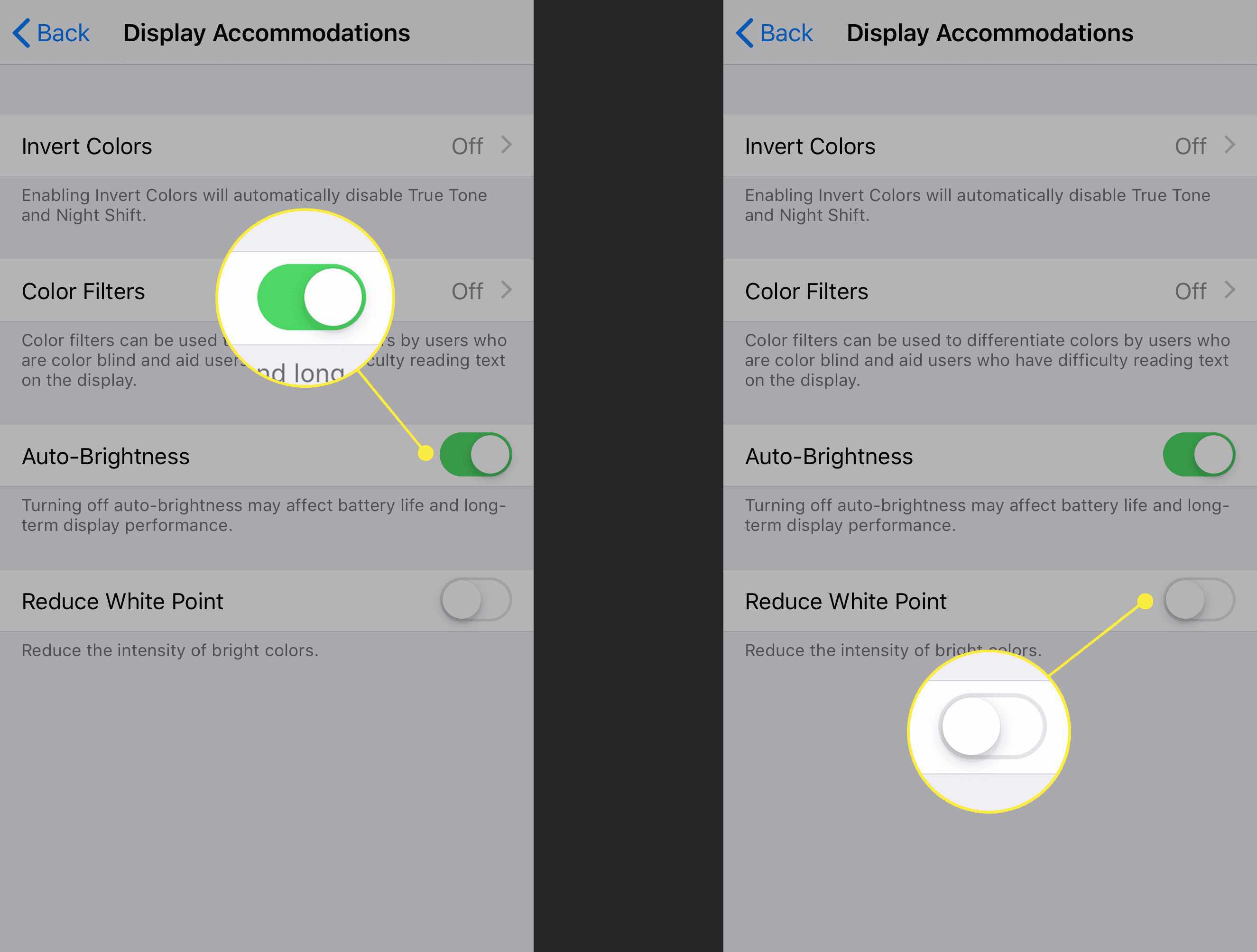 Visa boende-skärmen i iOS med Auto-Brightness och Reduce White Point-omkopplarna markerade