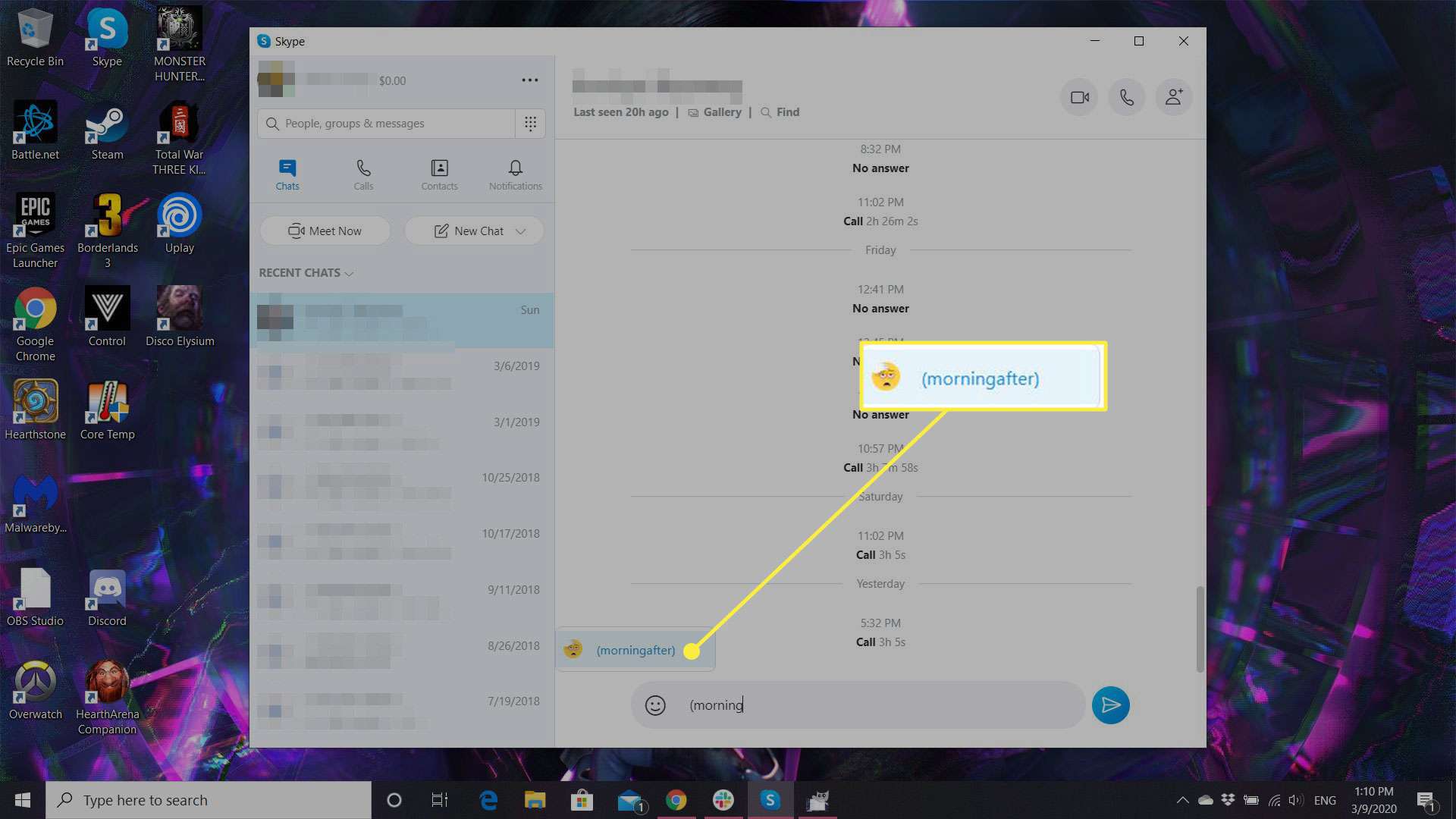 En skärmdump av Skype som visar en Emoji-genväg