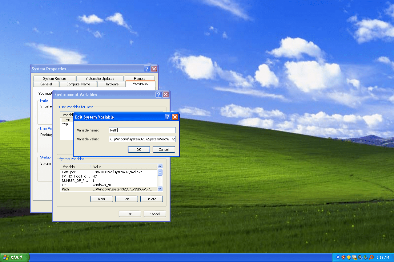 Windows XP sökvägs systemvariabel textruta
