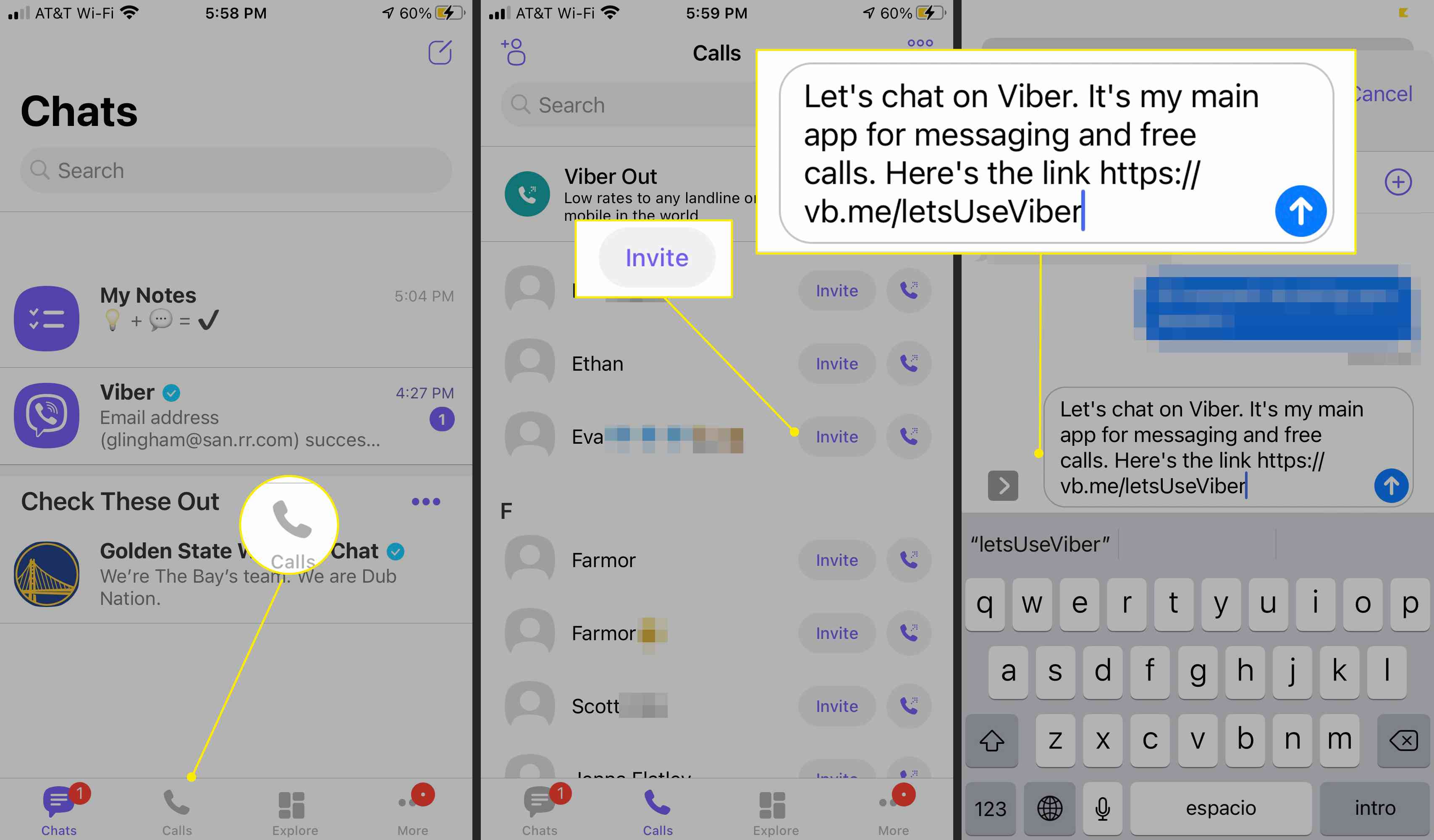 Viber-appskärmen visar hur man skickar en inbjudan till en aktuell kontakt