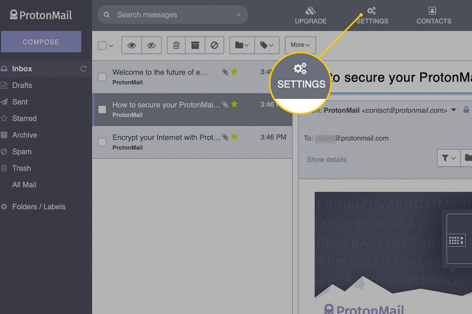 Inställningsikon i ProtonMail