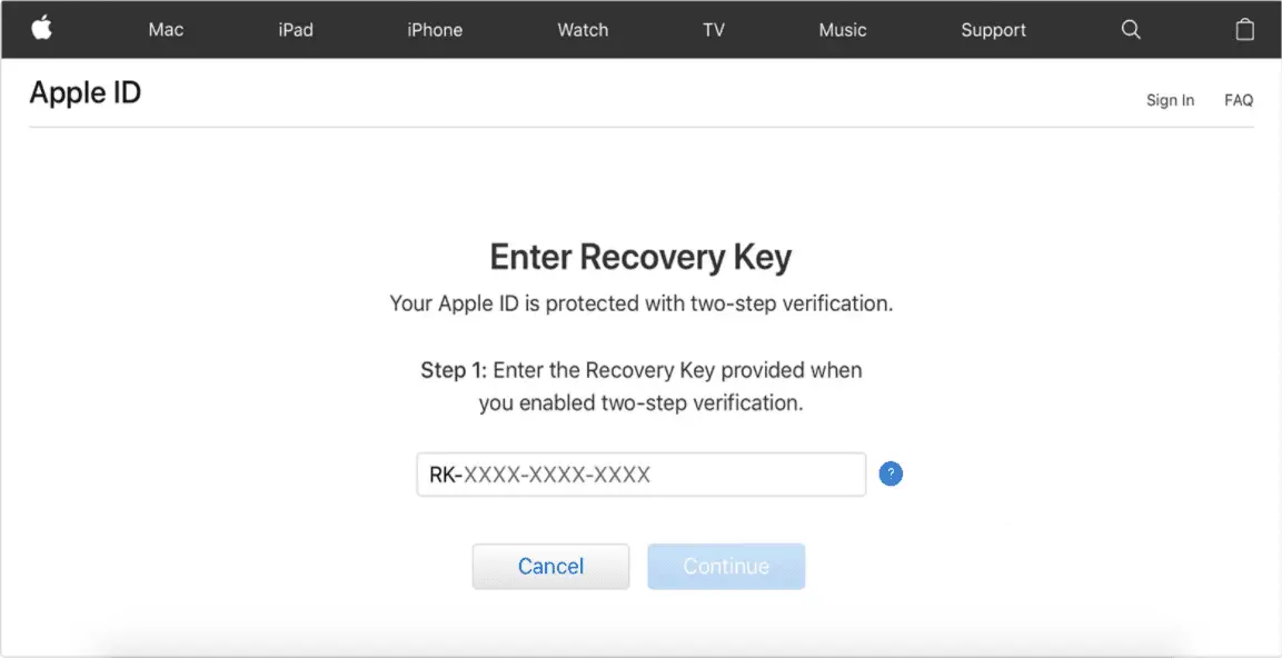 Apple ID Enter återställningsnyckel