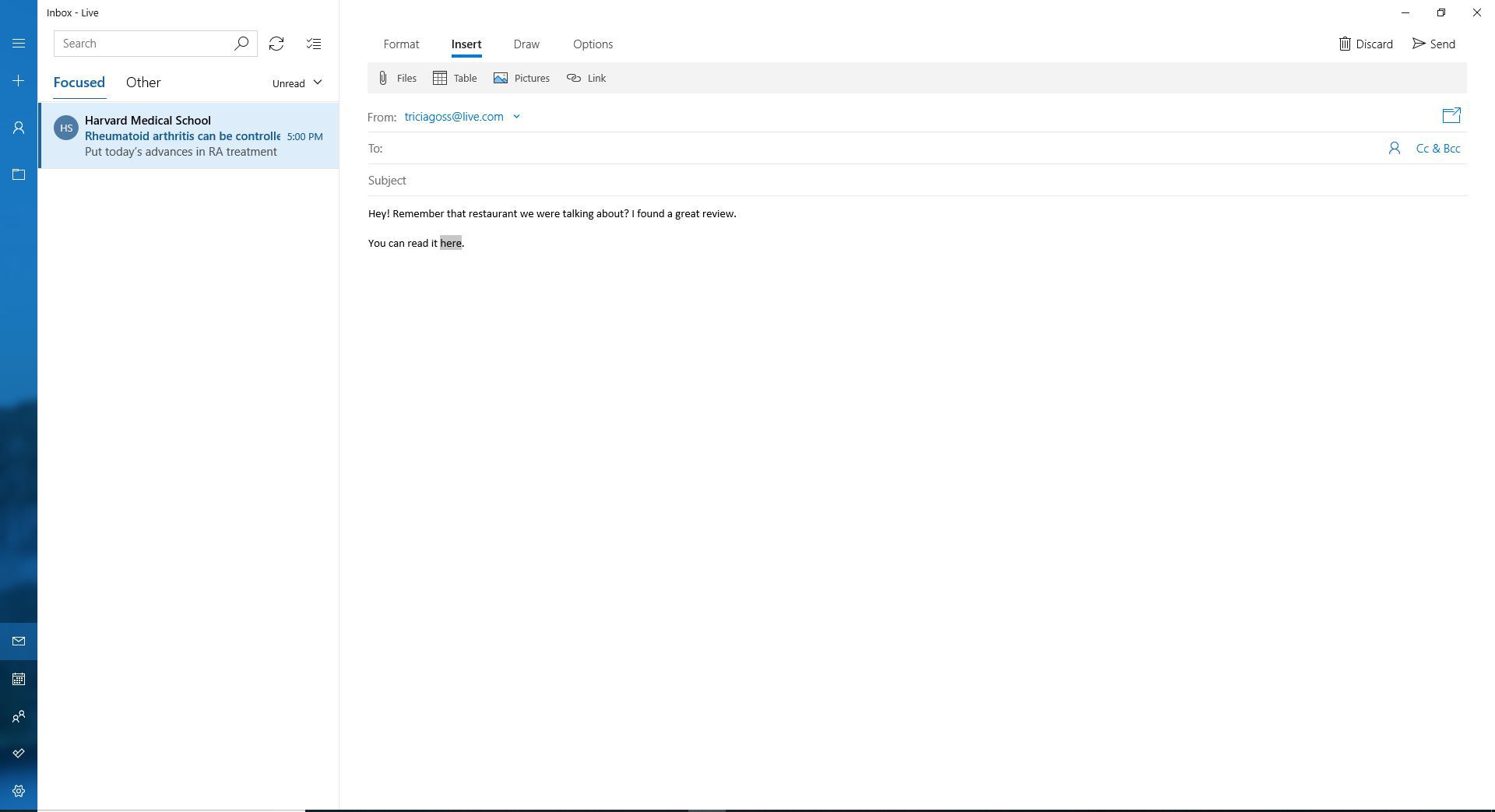 Skärmdump av fliken Infoga som visar Länk i Windows Mail