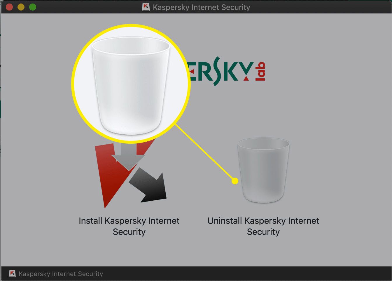 Dubbelklicka på papperskorgen ikonen som säger "Avinstallera Kaspersky Internet Security"